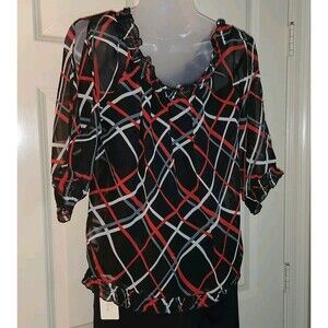 Metrostyle Women's Size 10 Black, Red And White Sheer Blouse, Pre-owned